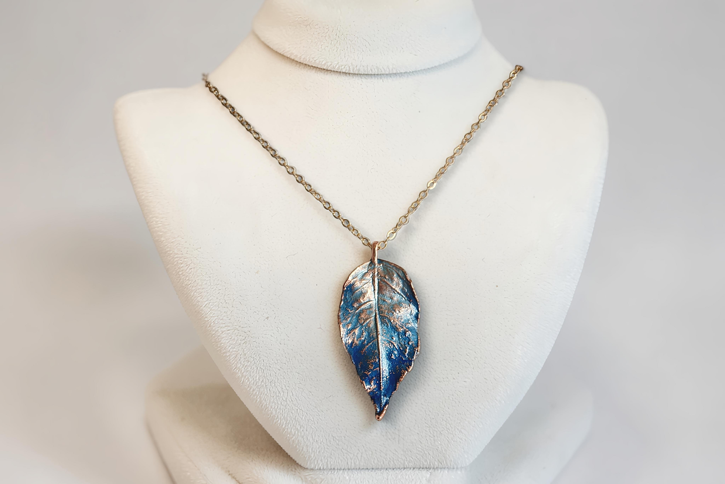 Copper Pendant “Wild Rose Leaf” with Blue Patina