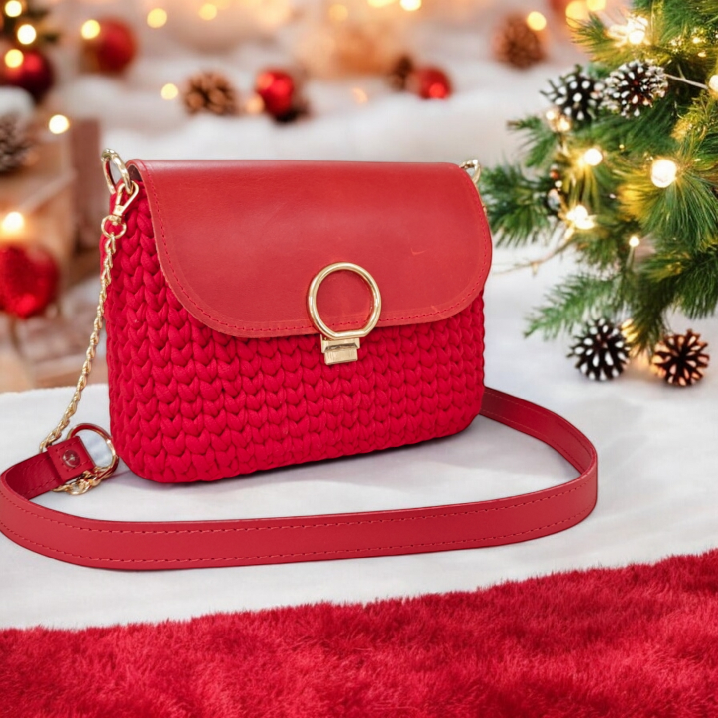 "Scarlet Charm" Knitted Crossbody Bag