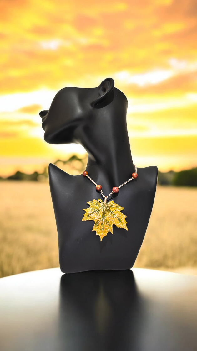 Copper Pendant “Maple Leaf” with Jasper Beads