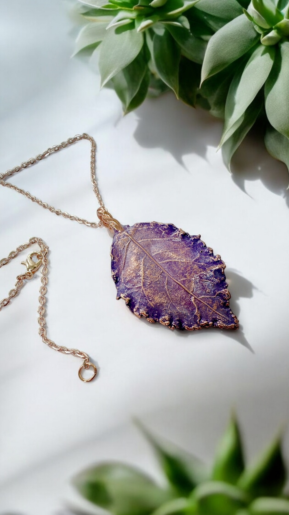 Copper Jewellery Set with Real Rose Leaves and Blue Agate