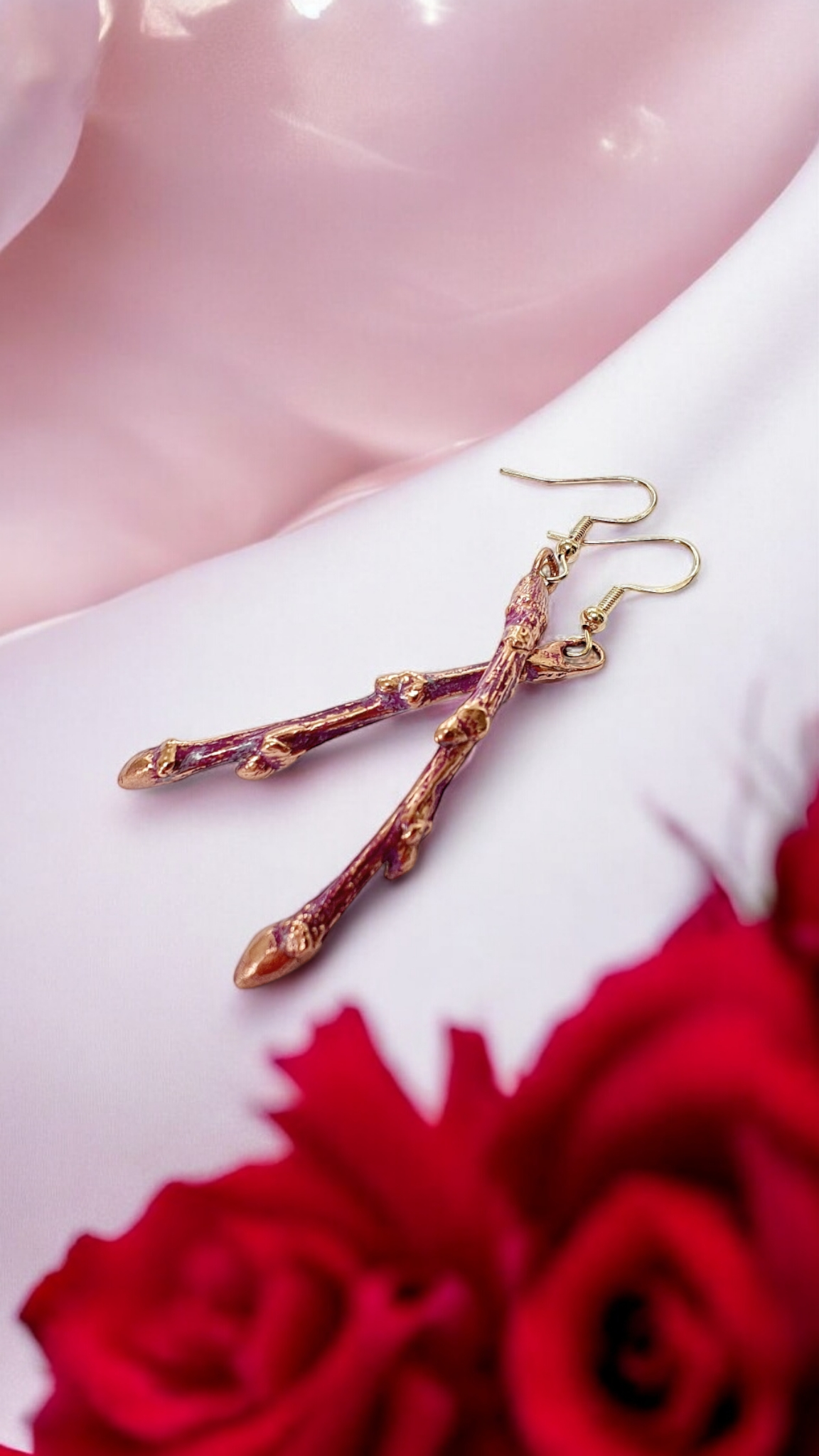 Botanical Twig Earrings with Buds, Crimson Patina
