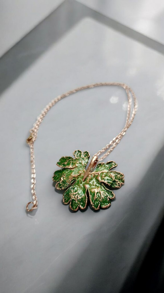 Copper Wild Geranium Leaf Pendant – Green Patina Designer Jewellery