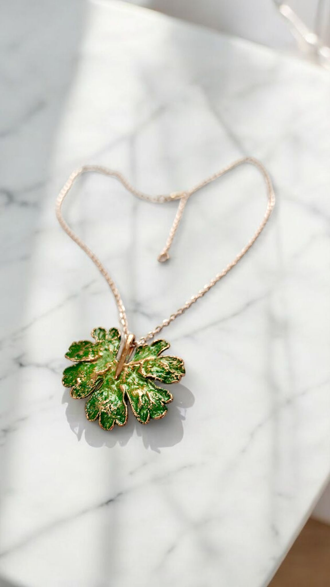 Copper Wild Geranium Leaf Pendant – Green Patina Designer Jewellery