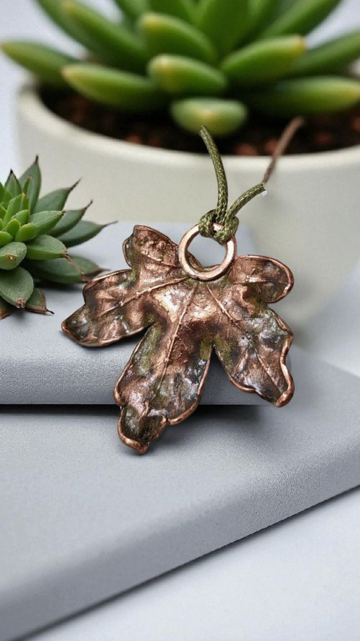Curly Maple Leaf Pendant Necklace, Olive Patina