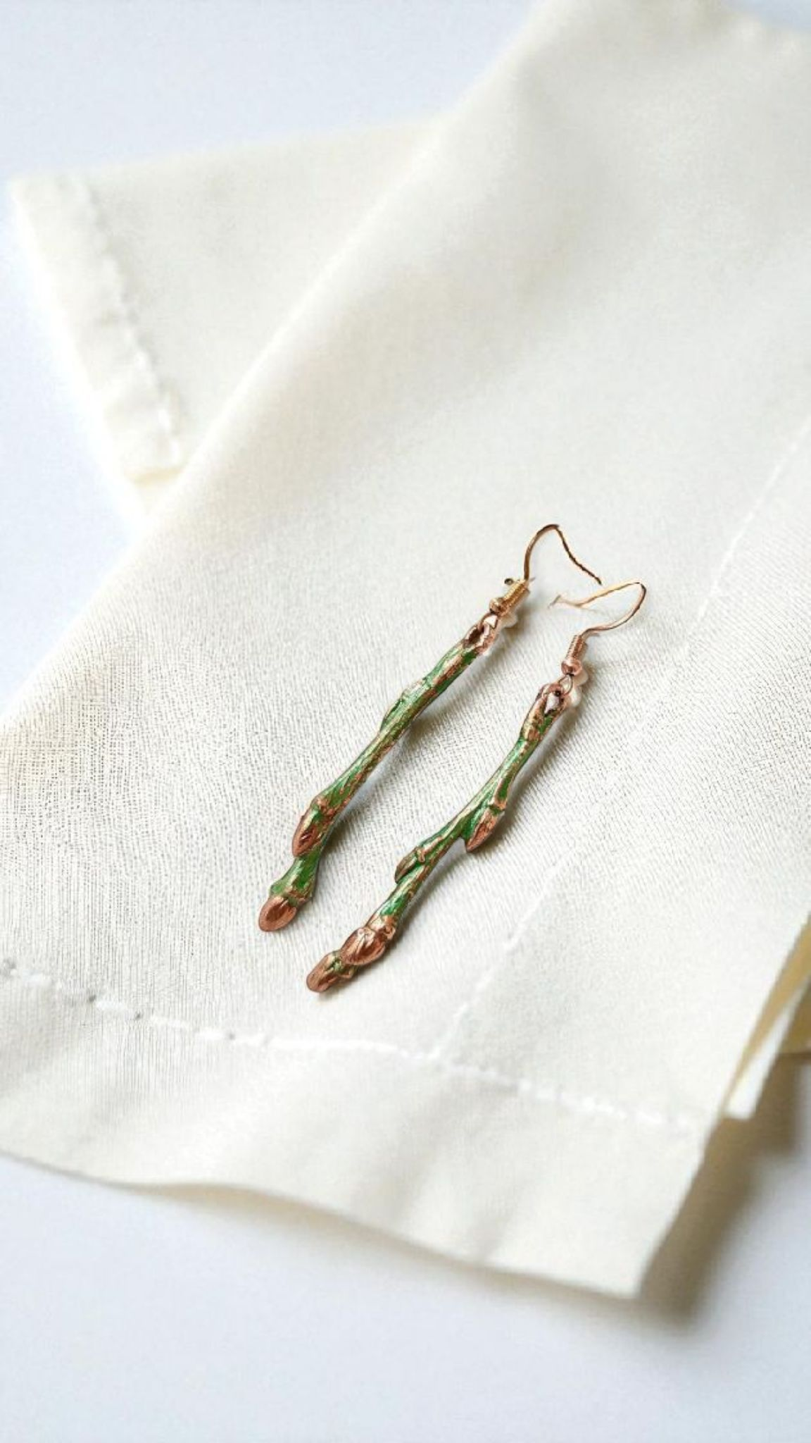 Botanical Twig Earrings with Buds, Green Patina