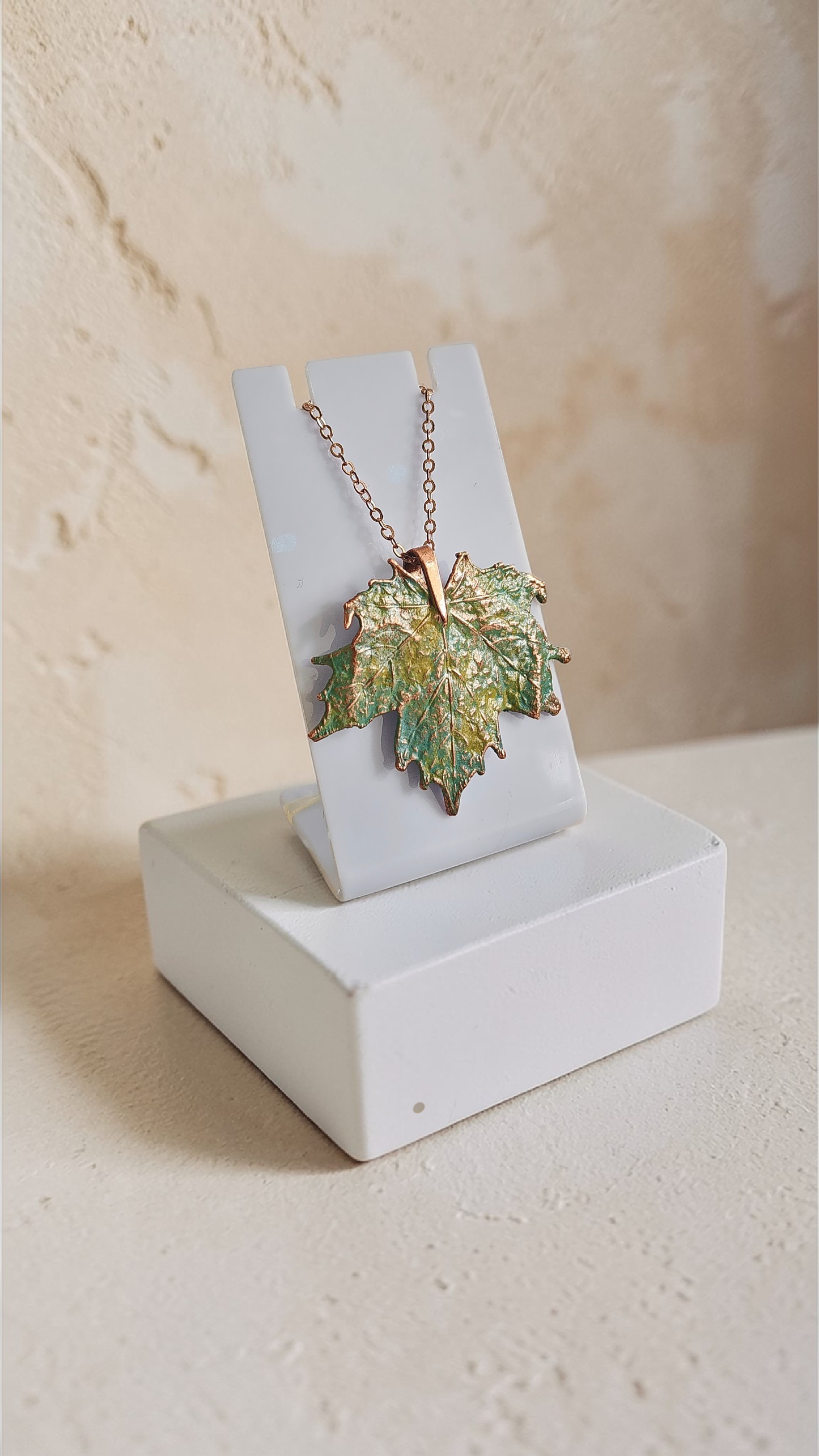 Copper Pendant Made from Real Maple Leaf with Turquoise Patina