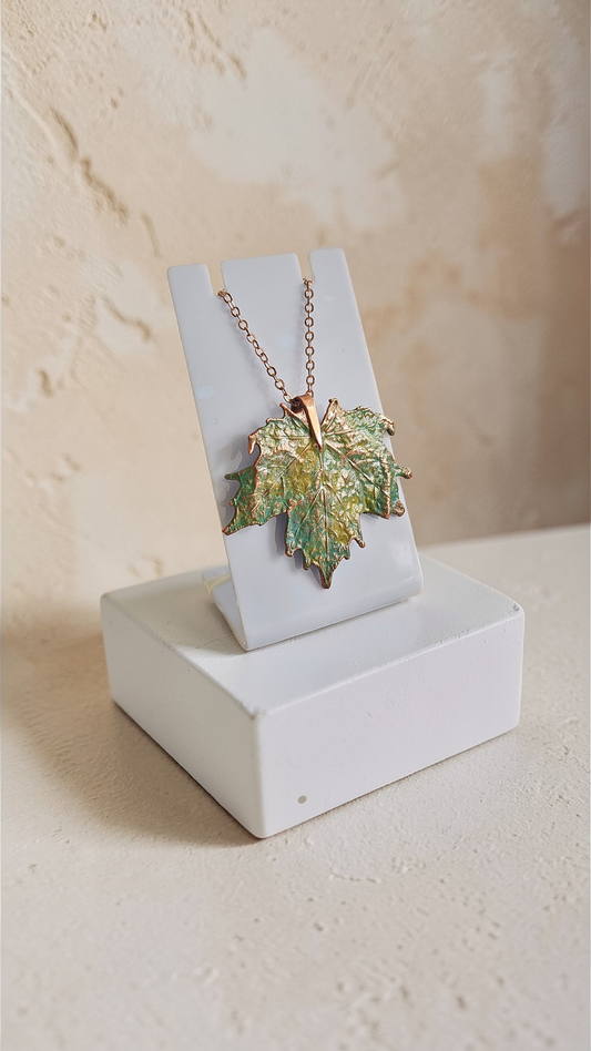 Copper Pendant Made from Real Maple Leaf with Turquoise Patina