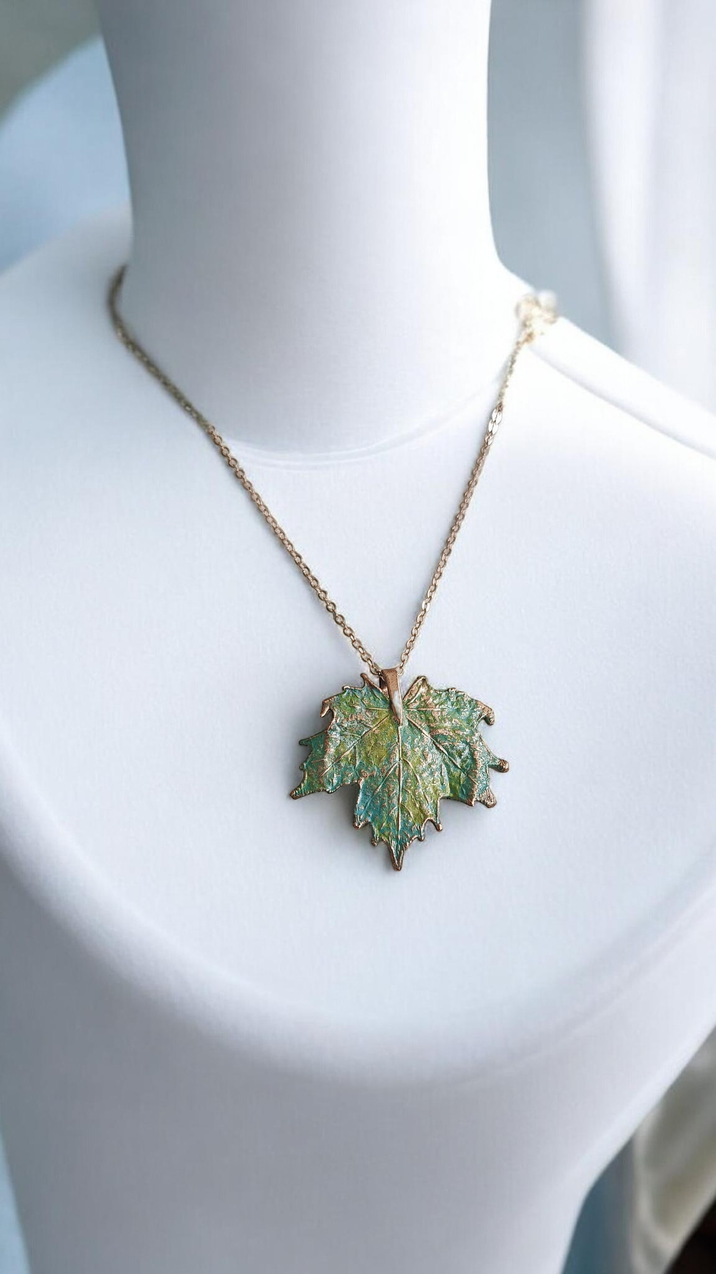 Copper Pendant Made from Real Maple Leaf with Turquoise Patina